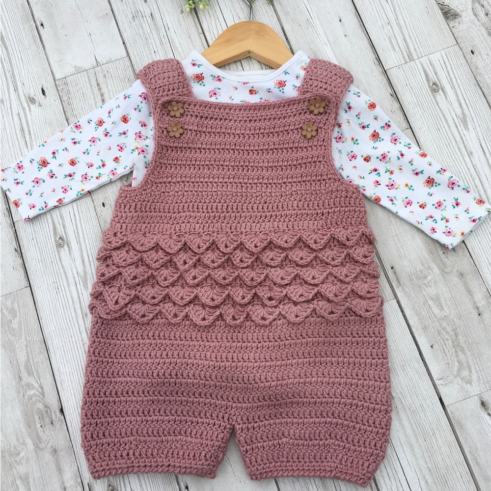 Pink Crochet Baby Romper with Floral Shirt